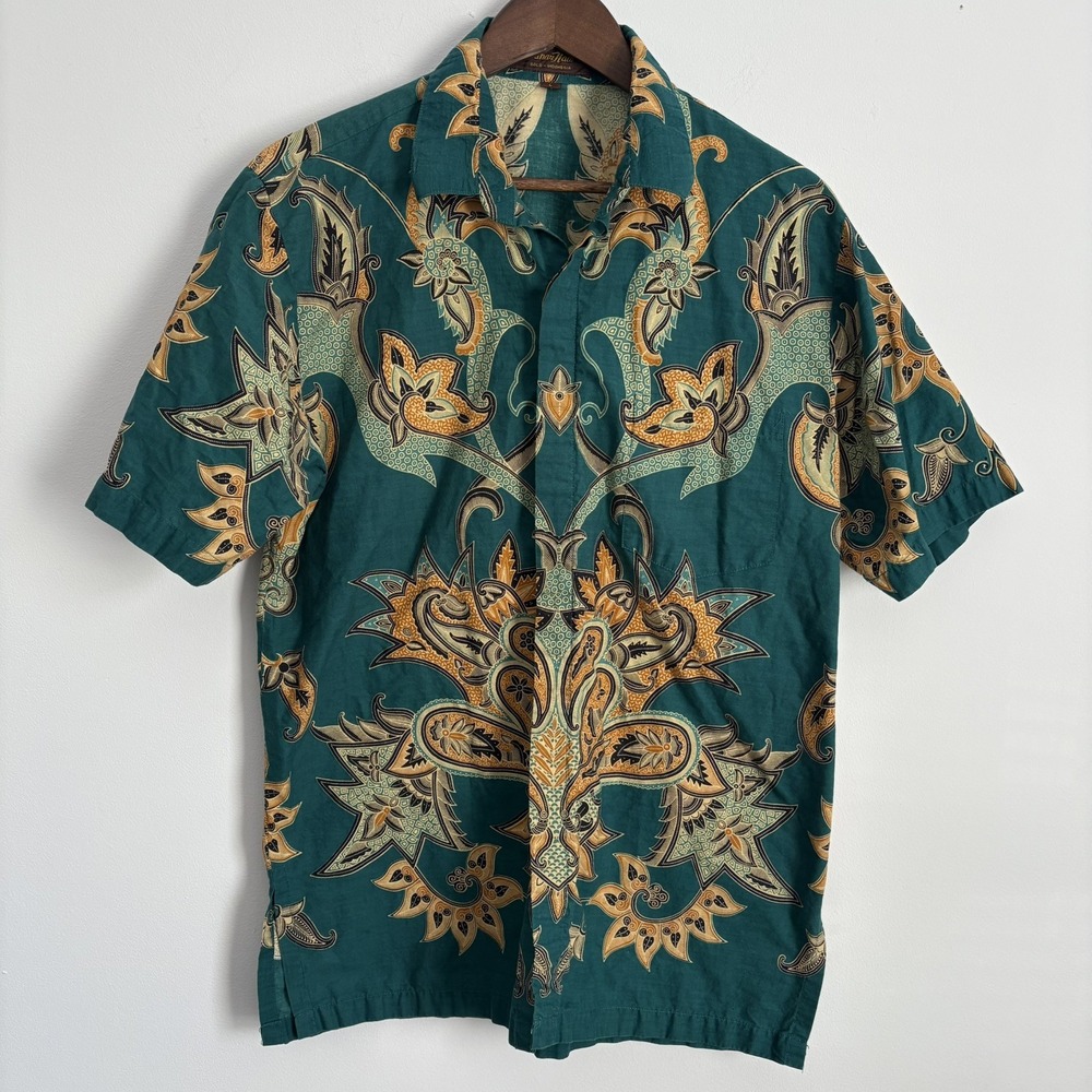 Danar Hadi Vintage Mens Indonesian Batik Short Sleeve Shirt Size L Green AOP